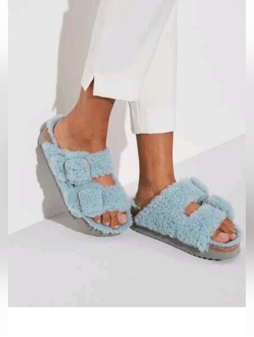 Plush Shearling Double-Buckle Slide Sandals - Light Blue